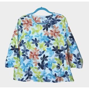 Hot Cotton Floral Top Sz L Cute Pocket Linen Cotton Lagenlook Art‎ Colorful USA